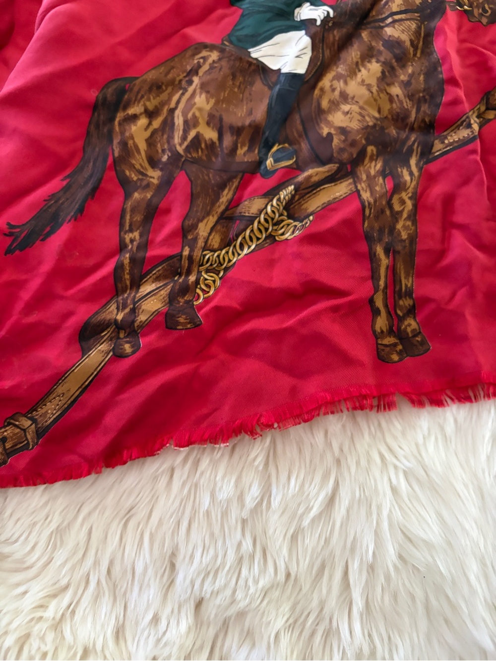 Equestrian Print Red Silk Scarf by Ralph Lauren Vintage ascot - Picture 9 of 14
